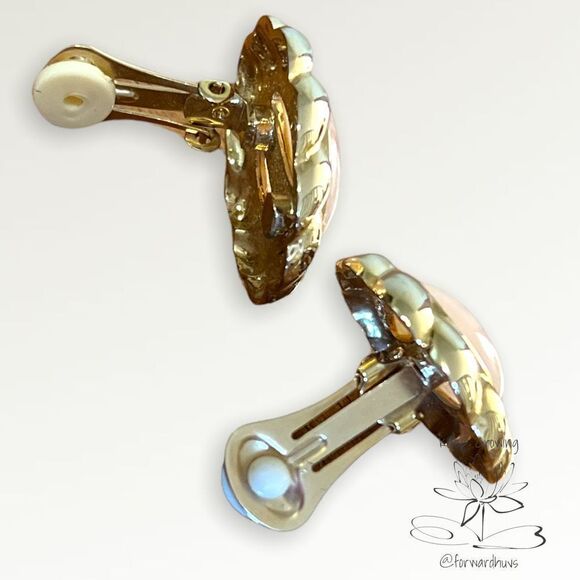 Vintage Rose Quartz Gold Tone Oval Clip On Non Pierced Earrings - Picture 7 of 10